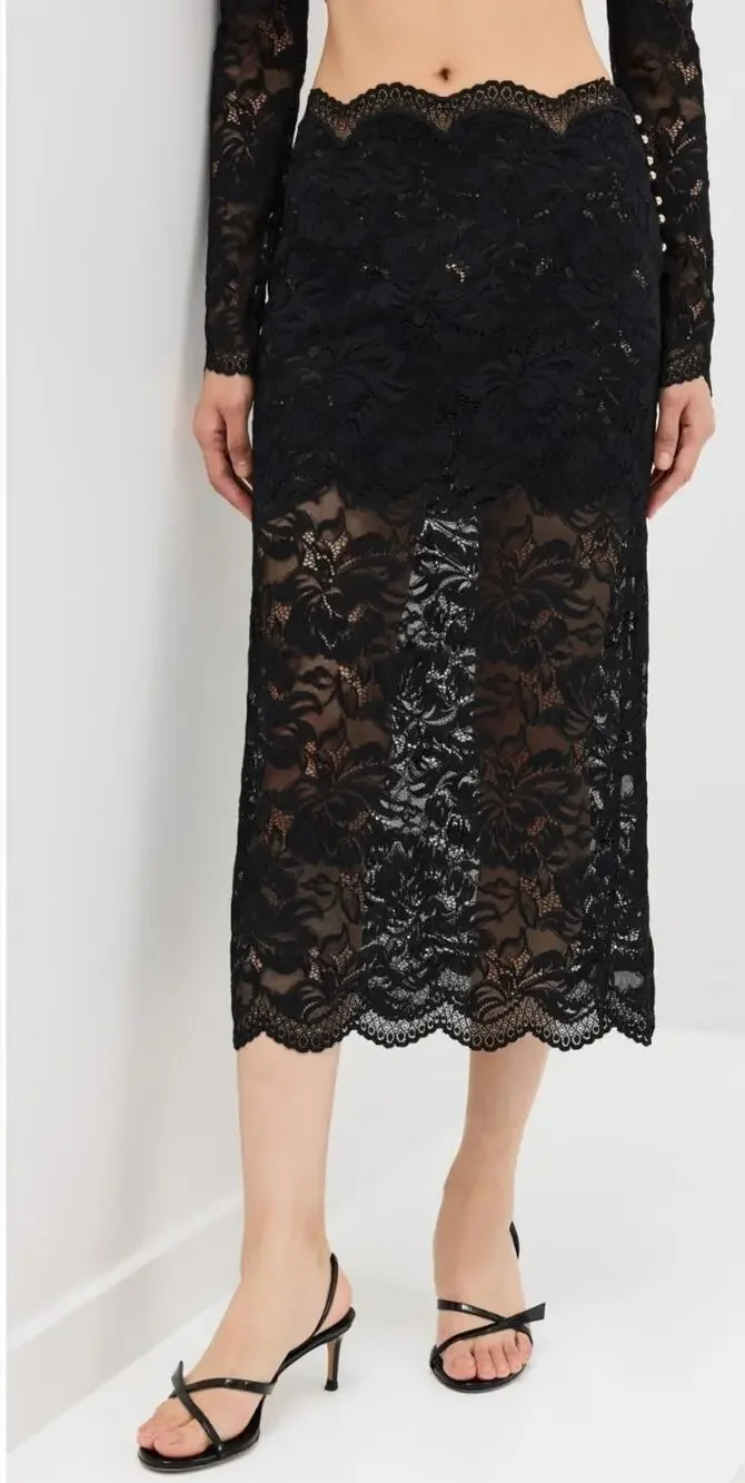 New Rabanne black semi sheer lace midi skirt Sz 36 Whimsigoth Romantic Designer